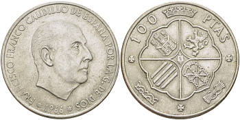 Испания 100 песет 1966 (67) Франсиско Франко (1939-1975) KM 797 серебро 1521-1034