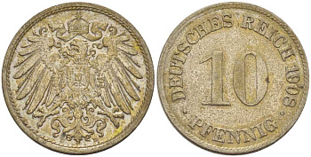 ГЕРМАНИЯ 10 ПФЕННИГОВ 1908 D KM 12, J. 13, Weege 8 медно-никель 212-117