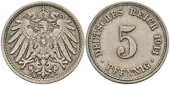 Германия 5 пфеннигов 1911 A KM 11, J. 12, Weege 6 медно-никель 08-1362