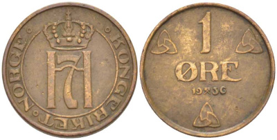 НОРВЕГИЯ 1 ЭРЕ 1936 ХОКОН VII (1905-1957) KM 367 бронза 3309-716