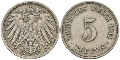 Германия 5 пфеннигов 1911 A KM 11, J. 12, Weege 6 медно-никель 08-1362