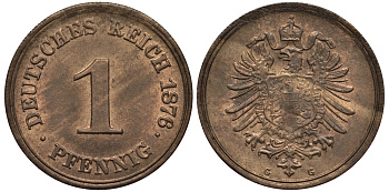 Германия 1 пфенниг 1876 G, цена по каталогу МТ 250 евро J. 1, KM 1 медь UNC 00-822-51