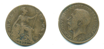 Великобритания 1/2 пенни 1917 Георг V (1910-1936) KM 809, Spink 4056 бронза 4383-354