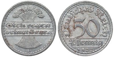 Германия 50 пфеннигов 1922 D KM 27, J. 301, Weege 10 алюминий 4121-1145