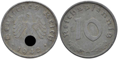 ГЕРМАНИЯ 10 РЕЙХСПФЕННИГОВ 1942 A KM 101, J. 371 цинк 4401-637