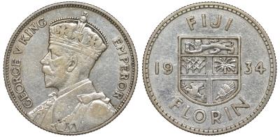 Фиджи 1 флорин 1934 Георг V (1910-1936), герб Фиджи KM 5 серебро 91-1243