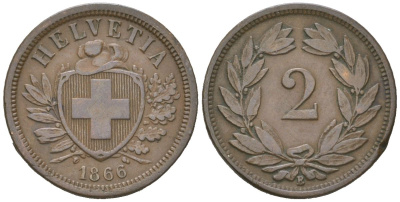 Швейцария 2 раппена 1866 B KM 4 бронза 4547-626