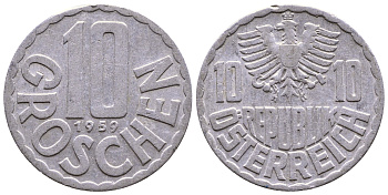 Австрия 10 грошей 1959 КМ 2878 алюминий 4379-911