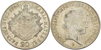 Венгрия 20 крейцеров 1844 B, Фердинанд I (1835-1848), мадонна с младенцем KM 422 серебро 413-1112