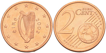 ИРЛАНДИЯ 2 ЕВРОЦЕНТА 2002 KM 33 сталь плакированная медью UNC 214-243
