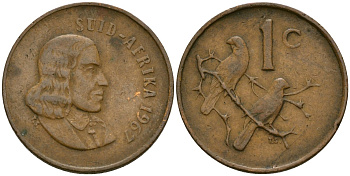 ЮАР 1 цент 1967 Ян ван Рибек (1619-1677), Suid Africa, легенда на африкаанс, капские воробьи KM 65.2 бронза 4136-454