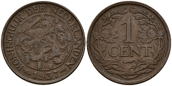 Нидерланды 1 цент 1937 Вильгельмина I (1890-1948) KM 152 бронза 4154-917