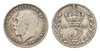 Великобритания 3 пенса 1916 Георг V (1910-1936) KM 813, Spink 4015 серебро 4643-1123