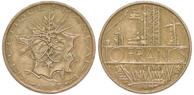 Франция 10 франков 1977 тип Матье KM 940, Le Franc 365.9-10 никель латунь 51-4031