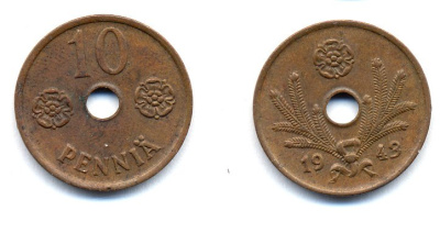 ФИНЛЯНДИЯ 10 ПЕННИ 1943 KM 33.1 медь 51-5028