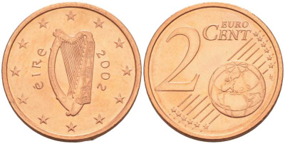 ИРЛАНДИЯ 2 ЕВРОЦЕНТА 2002 KM 33 сталь плакированная медью UNC 214-243