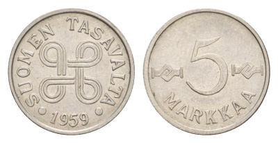 Финляндия 5 марок 1959 KM 37a железо плакированное никелем 4647-447