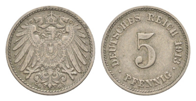 Германия 5 пфеннигов 1913 G, Вильгельм II (1888-1918) KM 11, J. 12 медно-никель 4640-149