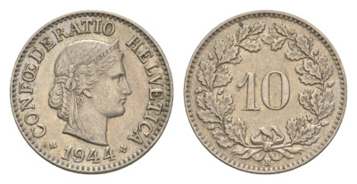 Швейцария 10 раппенов 1944 B KM 27 медно-никель 4627-1242