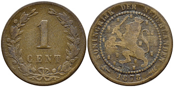 Нидерланды 1 цент 1878 Виллем III (1849-1890) KM 107 бронза 26-553