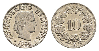 Швейцария 10 раппенов 1938 B KM 27b никель 4609-438