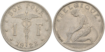 Бельгия 1 франк 1922 BELGIQUE KM 90 никель 4143-557