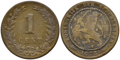 Нидерланды 1 цент 1878 Виллем III (1849-1890) KM 107 бронза 26-553
