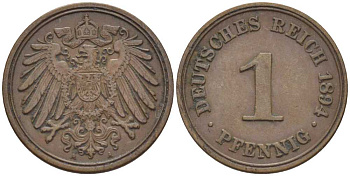 ГЕРМАНИЯ 1 ПФЕННИГ 1894 A KM 10, J. 10, Weege 2 медь 211-159