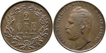 Швеция 2 эре 1861 Карл XV (1859-1872) KM 706 бронза 85-346
