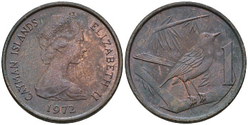 Каймановы острова 1 цент 1972 Елизавета II (1952-2022), кайманов дрозд КМ 1 бронза 4154-166