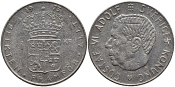 Швеция 1 крона 1973 Густав VI Адольф (1950-1973) KM 826а медь плакированная медно-никелем 4395-633
