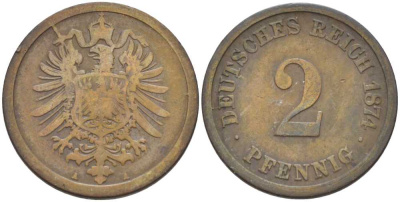 ГЕРМАНИЯ 2 ПФЕННИГА 1874 A, СТАРОГЕРБОВКА KM 2, J. 2, Weege 3 медь 212-435