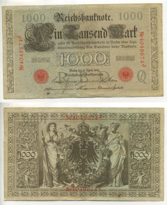 Германия 1000 марок 1910 красная печать, 7 цифр в номере Pick 44 b  бумага   7217-51-2-2