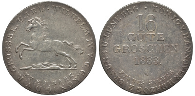 Брауншвейг-Каленберг-Ганновер 16 гутергрошенов 1833 A, Вильгельм IV (1830-1837) J. 33, AKS 66, Kahnt 212 серебро  aUNC  11-119-54