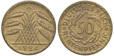 Германия 50 рентенпфеннигов 1924 A J. 310, KM 34 алюминиевая бронза 4513-1011