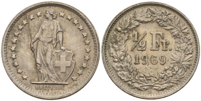 Швейцария 1/2 франка 1969 B KM 23a медно-никель 4189-438