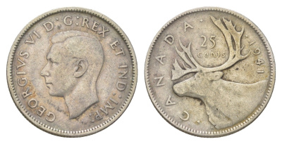 Канада 25 центов 1941 Георг VI (1936-1952), олень KM 35 серебро 4622-813