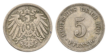 Германия 5 пфеннигов 1901 A KM 11, J. 12 медно-никель 4696-623