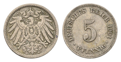 Германия 5 пфеннигов 1901 A KM 11, J. 12 медно-никель 4696-623