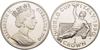 Гибралтар 1 крона 1990 чемпионат мира по футболу в Италии 1990 года, вратарь KM 35 медно-никель BUNC 00-00-00