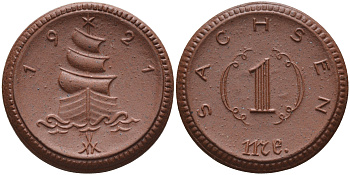 Саксония 1 марка 1921 парусник J. N 55 фарфор 1094-4-43