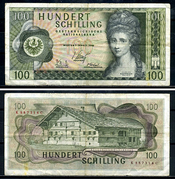 Австрия 100 шиллингов 1969 Анжелика Кауфманн, "Монфор" герб Форарльберга Pick 145a бумага 8590-3-3-2
