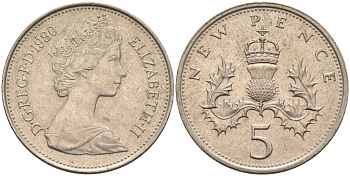 Великобритания 5 пенсов 1980 Елизавета II (1952-2022) KM 911, Spink 4233 (D1) медно-никель 4586-934