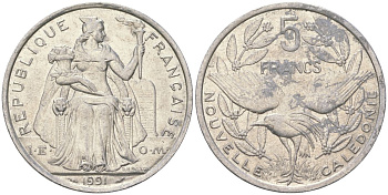 Французская Новая Каледония 5 франков 1991 птица кагу, (IEOM) KM 16, Schoen 12, Lec 79 алюминий 180-1132