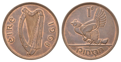 Ирландия 1 пенни 1968 курица с цыплятами KM 11 бронза 4672-943