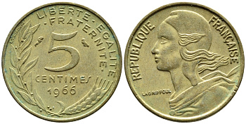 ФРАНЦИЯ 5 САНТИМОВ 1966 ТИП MARIANNE KM 933, LE FRANC 125.2 алюминиевая бронза 4392-457