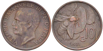 ИТАЛИЯ 10 ЧЕНТЕЗИМО 1921 R, МОНДВОР РИМ, ВИКТОР ЭММАНУИЛ III (1900-1946) KM 60 медь 113-1226