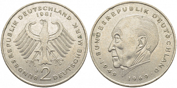 ФРГ 2 марки 1981 J, Конрад Аденауэр KM 124, J. 406 медно-никель плакированный никелем 3856-255