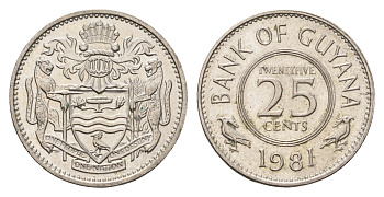 Гайана 25 центов 1981 KM 34 медно-никель UNC 4674-966