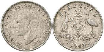 Австралия 6 пенсов 1943 S, Георг V (1936-1952) KM 38 серебро 4623-234